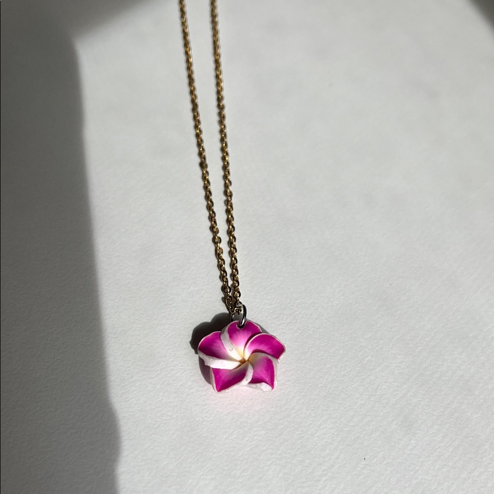 3 for $15 Gold Chain Necklace with Pink Plumeria Flower Pendant